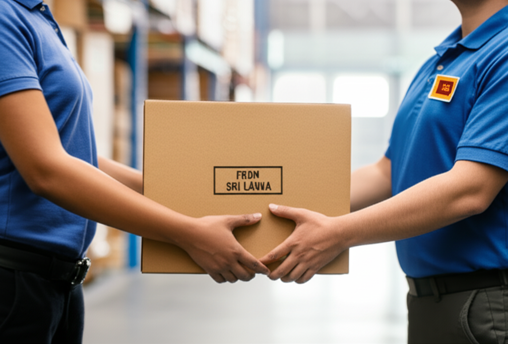 A securely packaged parcel being shipped from Sri Lanka as part of an e-commerce supply chain.