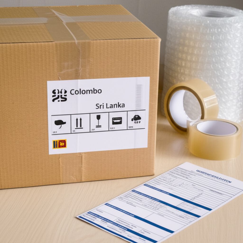 A parcel ready to be shipped from Australia to Sri Lanka using an international courier.