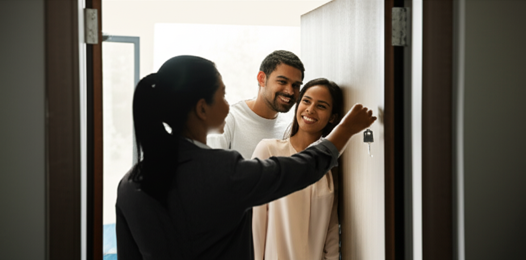A property manager in Colombo handing keys to new tenants.