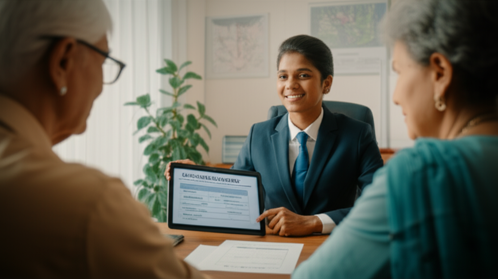 An insurance agent guiding an elderly couple through the health insurance application process.