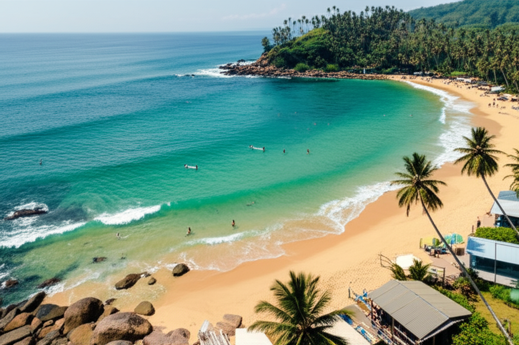 Surfers enjoying the waves at Hiriketiya, one of Sri Lanka's best budget-friendly beaches.