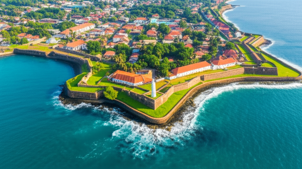 Aerial view of the historic Galle Fort and its lighthouse on the south coast of Sri Lanka.