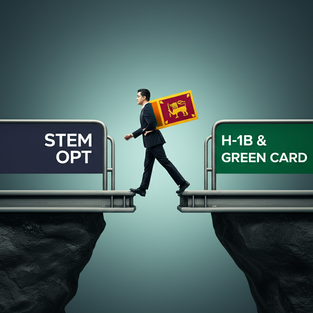 Illustration of the career pathway from STEM OPT to H-1B visa for Sri Lankan professionals.