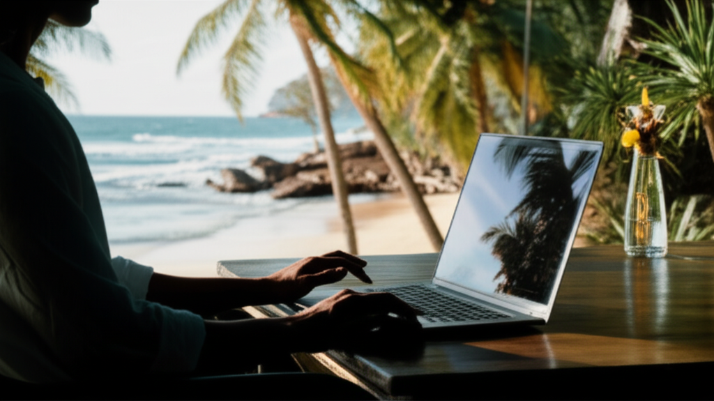 A person maintaining their US work status by working remotely on a laptop while visiting Sri Lanka.
