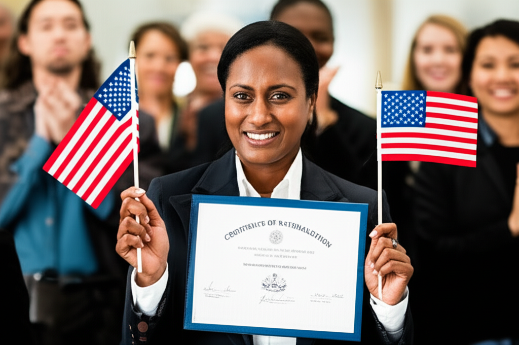 A new U.S. citizen of Sri Lankan origin proudly holding their Certificate of Naturalization.