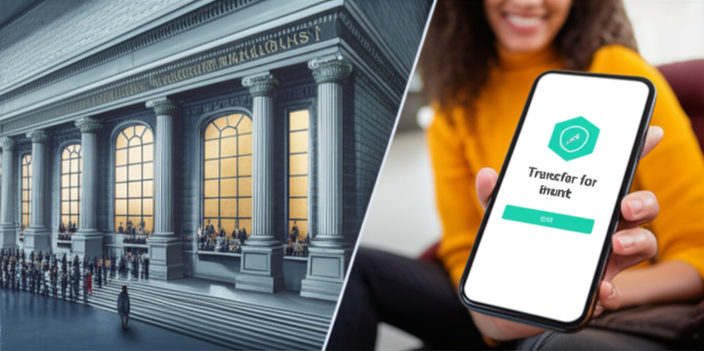 A comparison of using a mobile app versus going to a physical bank for a money transfer.