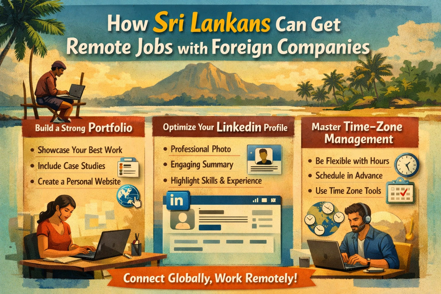 How Sri Lankans can get remote jobs with foreign companies: Portfolio, LinkedIn, and time‑zone tips.
