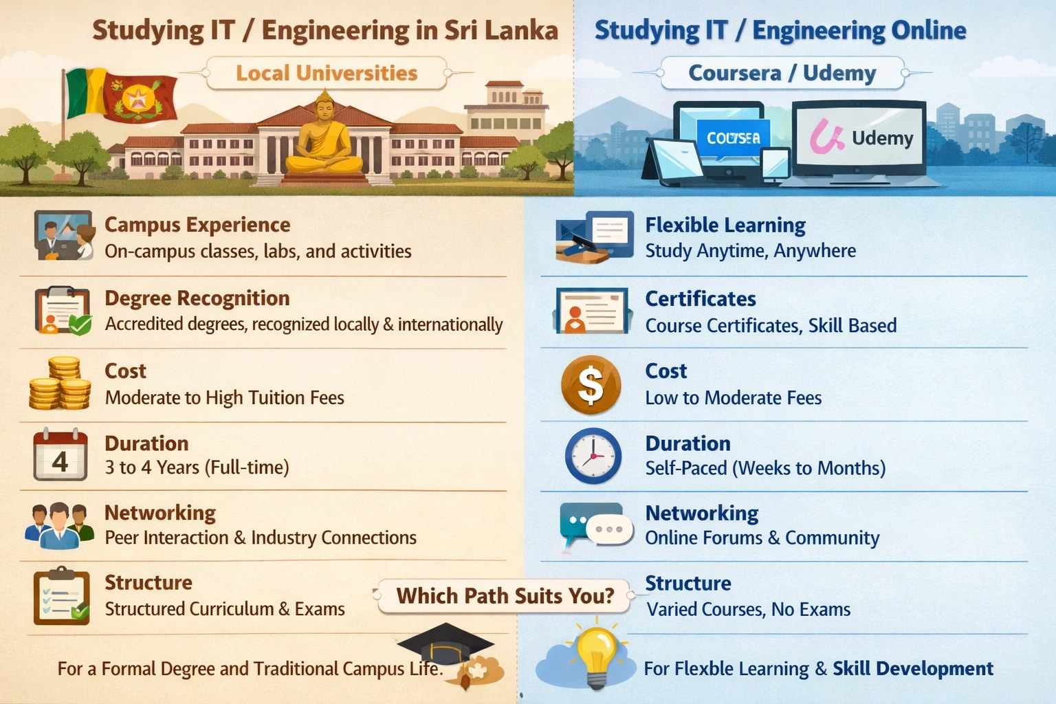 Guide to studying IT/engineering in Sri Lanka vs online (local universities vs Coursera/Udemy).
