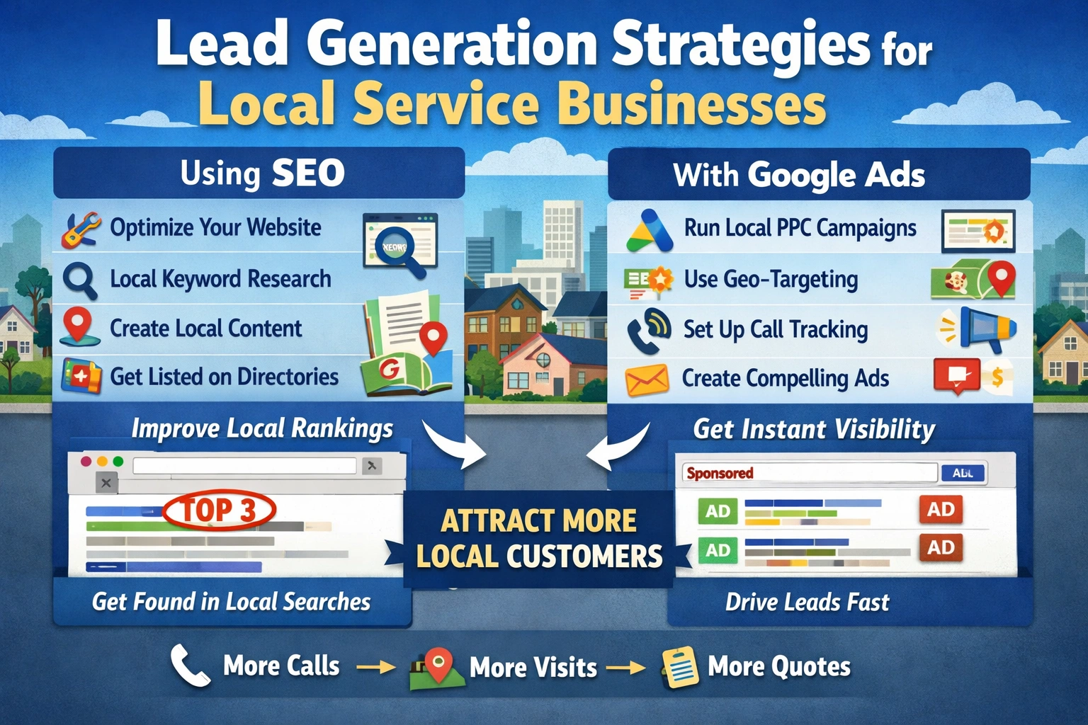 Lead generation strategies for local service businesses using SEO and Google Ads.