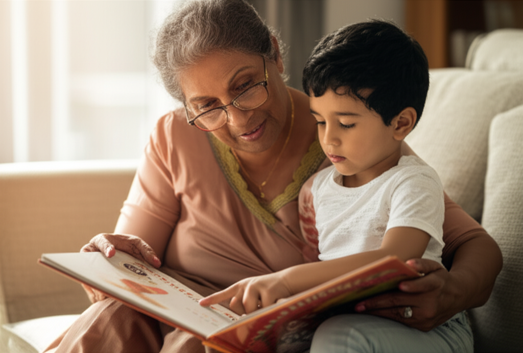 A grandparent teaching their grandchild to read a Sinhala book.