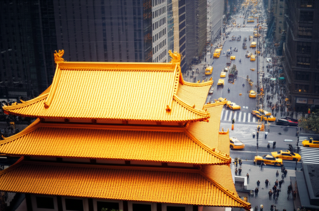 A traditional Buddhist temple facade on a busy street in a major US city.