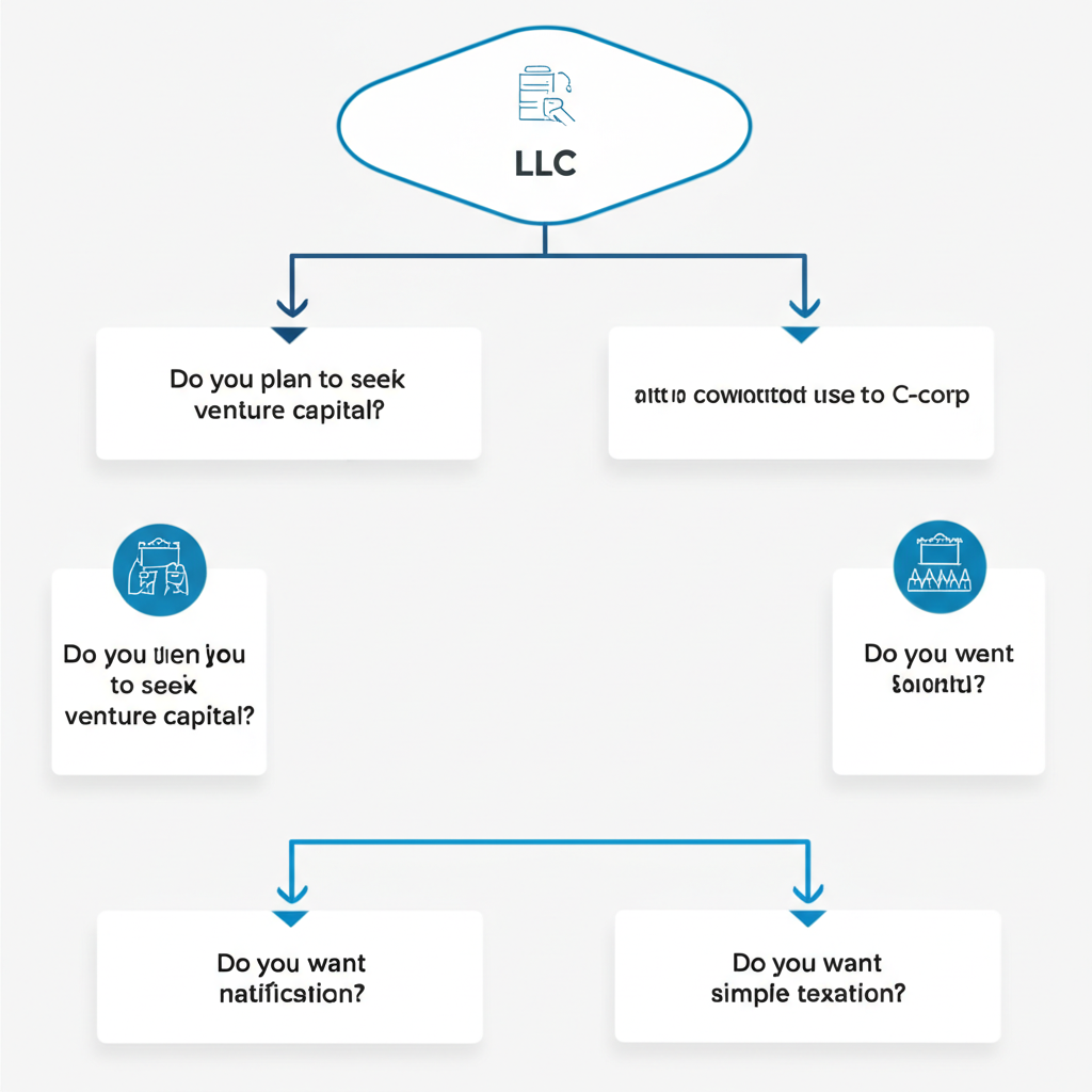 Flowchart comparing LLC and C-Corporation business structures for immigrant founders.