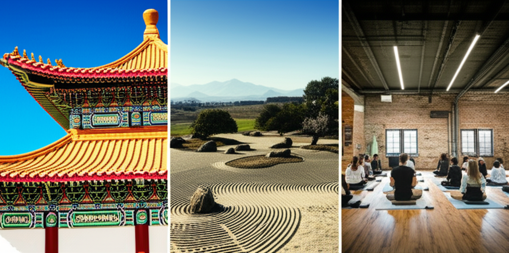 A collage of Buddhist temples in Los Angeles, San Francisco, and New York City.