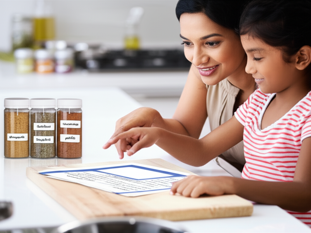 A parent and child using a Tamil recipe while cooking together.