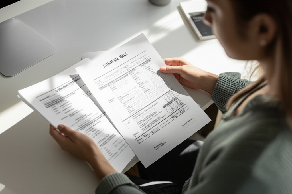 A person reviewing an Explanation of Benefits next to a medical bill.