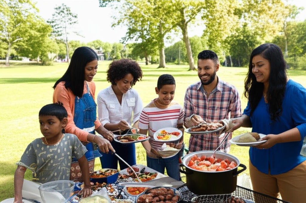 A Sri Lankan family building new social connections in an American community setting.