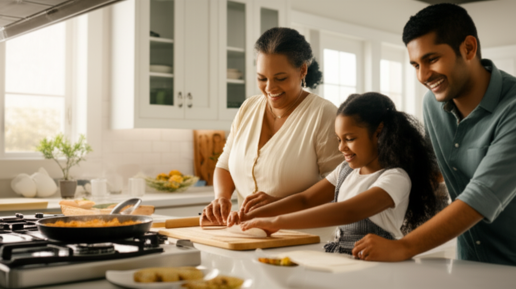 A multi-generational Sri Lankan family cooking together, showing the importance of extended family.
