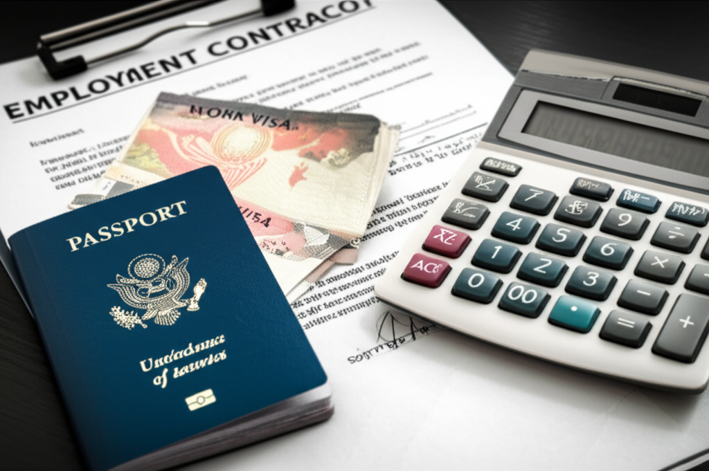 A work visa and employment contract, symbolizing the legal side of salary negotiation.